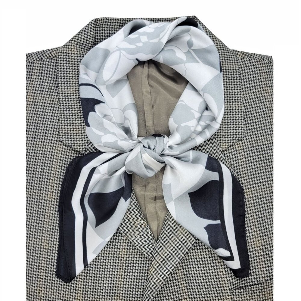 Luxury Silk Feel Scarf Gray White Black Abstract Geometric Floral Square Bandana
